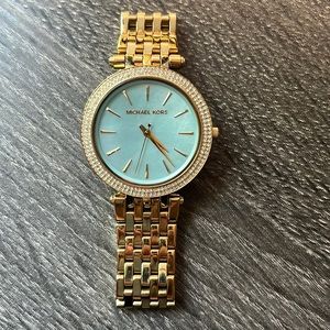 Michael Kors Gold Watch Blue Green Pearl Dial Crystal Encrusted on Fixed Bezel